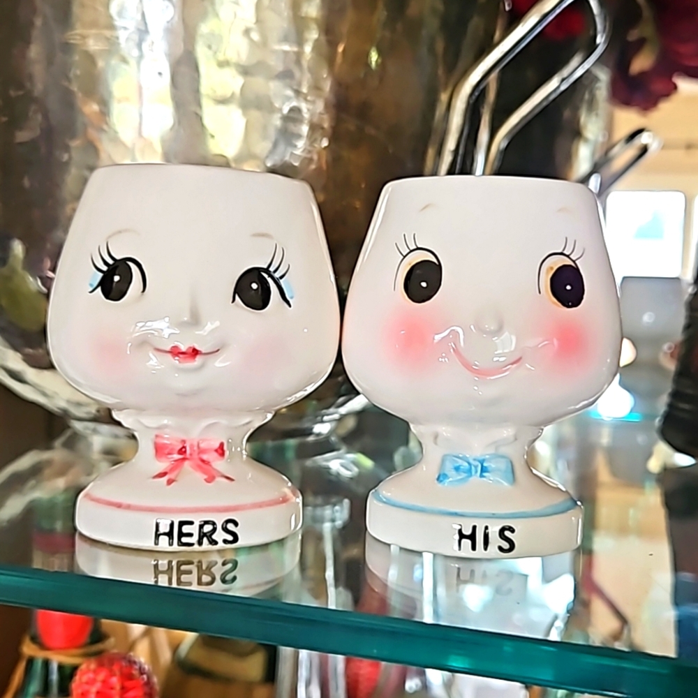 Vintage, Enesco, Japan, His and Hers, Egg Cups, Anthropomorphic
